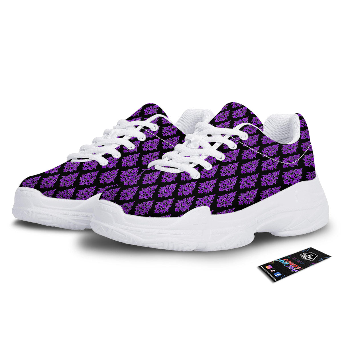 Damask Purple And Black Print Pattern White Chunky Shoes-grizzshop