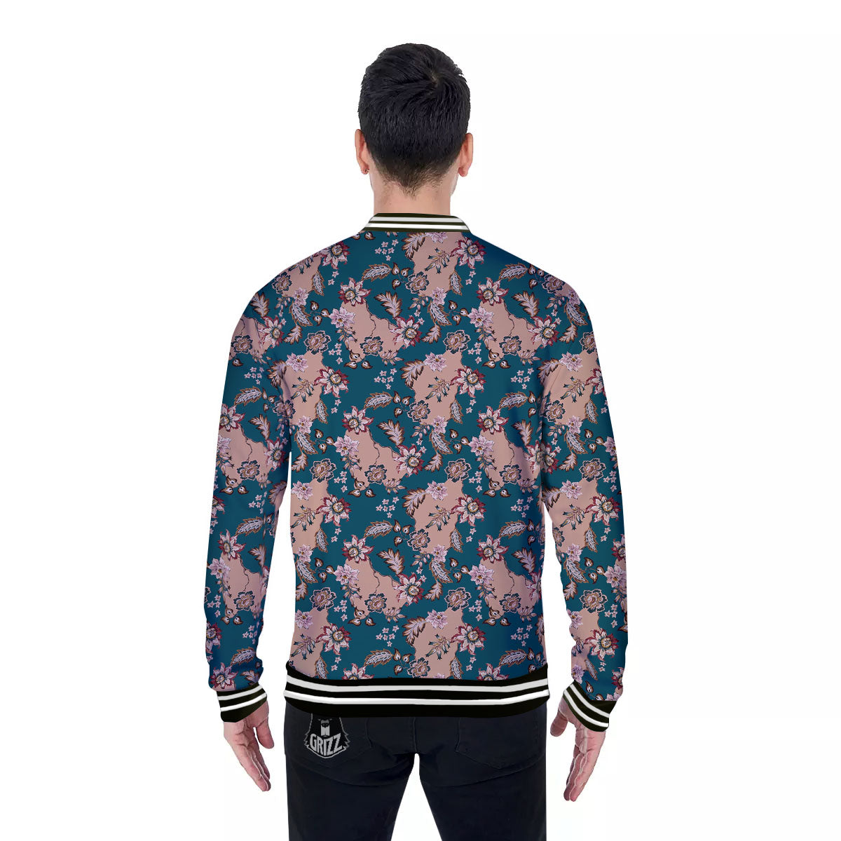 Damask Teal And Blue Print Pattern Baseball Jacket-grizzshop