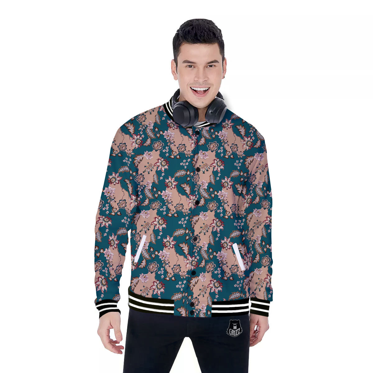 Damask Teal And Blue Print Pattern Baseball Jacket-grizzshop