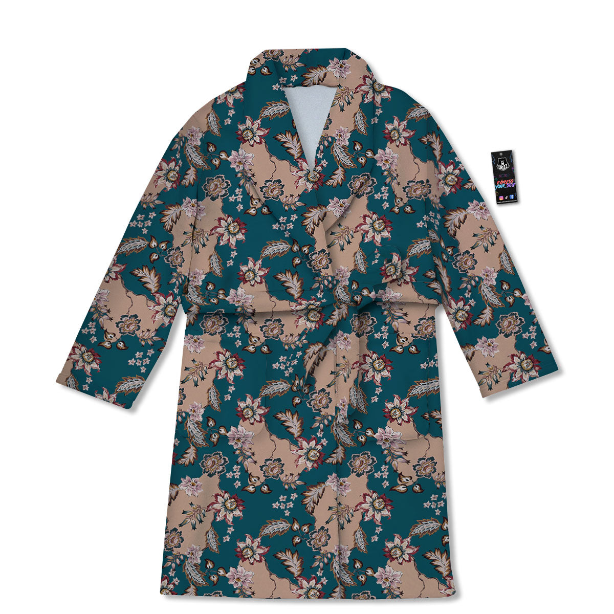 Damask Teal And Blue Print Pattern Bathrobe-grizzshop