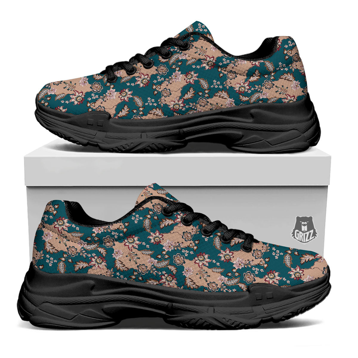Damask Teal And Blue Print Pattern Black Chunky Shoes-grizzshop