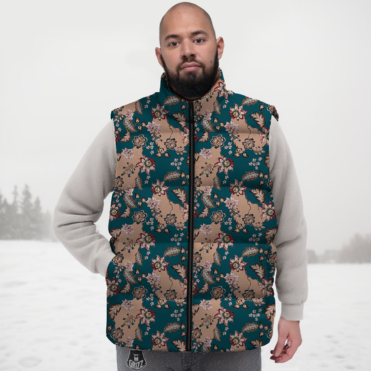 Damask Teal And Blue Print Pattern Down Vest