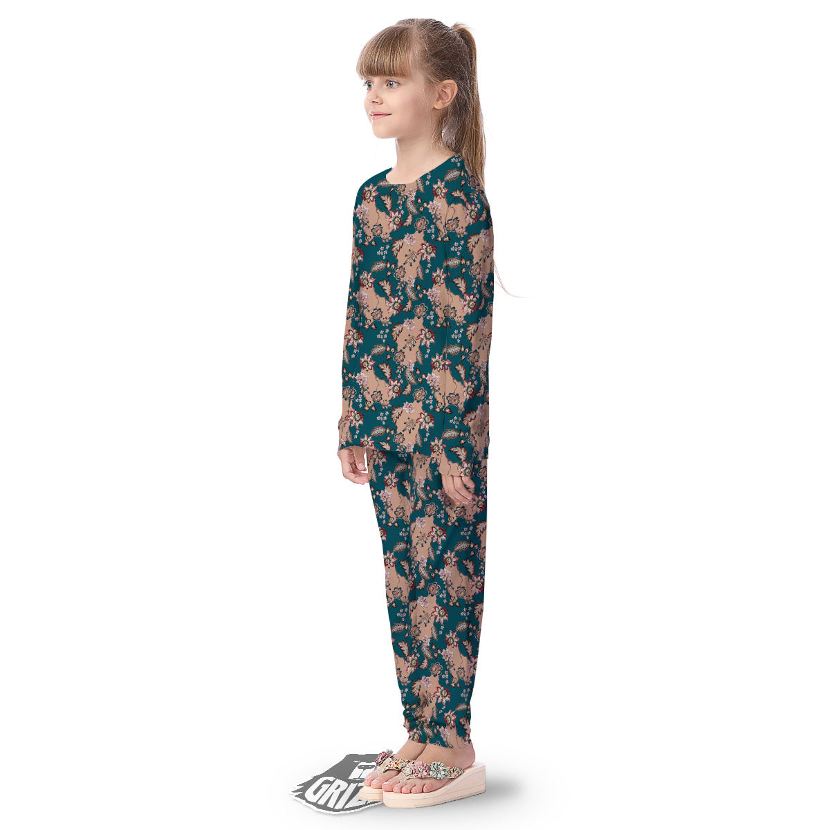 Damask Teal And Blue Print Pattern Kid's Pajamas-grizzshop