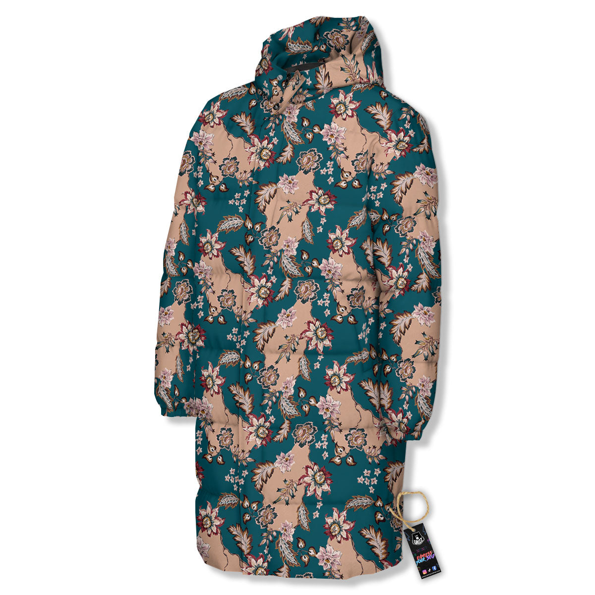 Damask Teal And Blue Print Pattern Long Down Jacket-grizzshop