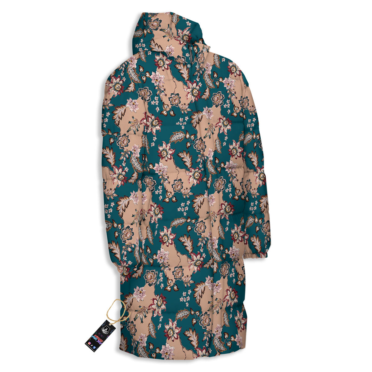 Damask Teal And Blue Print Pattern Long Down Jacket-grizzshop