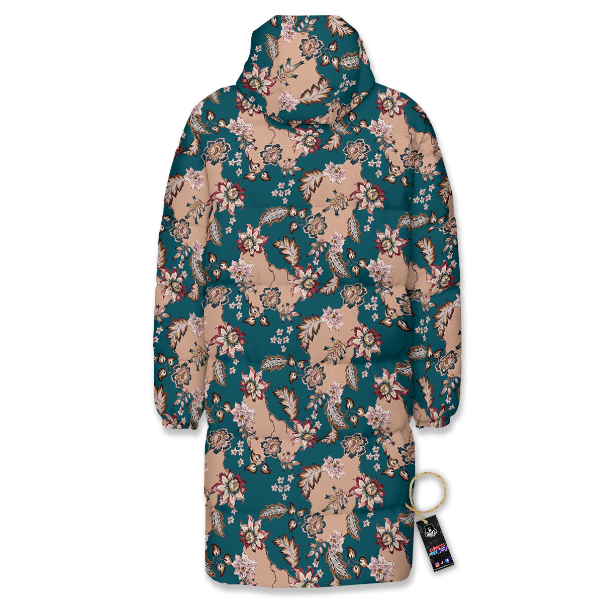Damask Teal And Blue Print Pattern Long Down Jacket-grizzshop