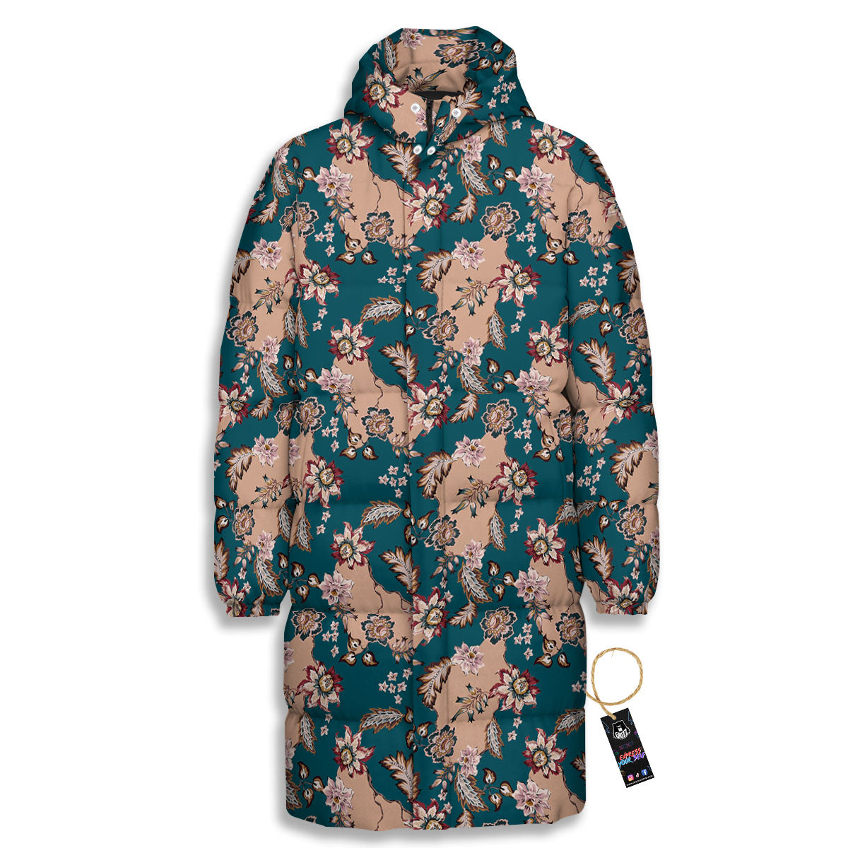 Damask Teal And Blue Print Pattern Long Down Jacket-grizzshop