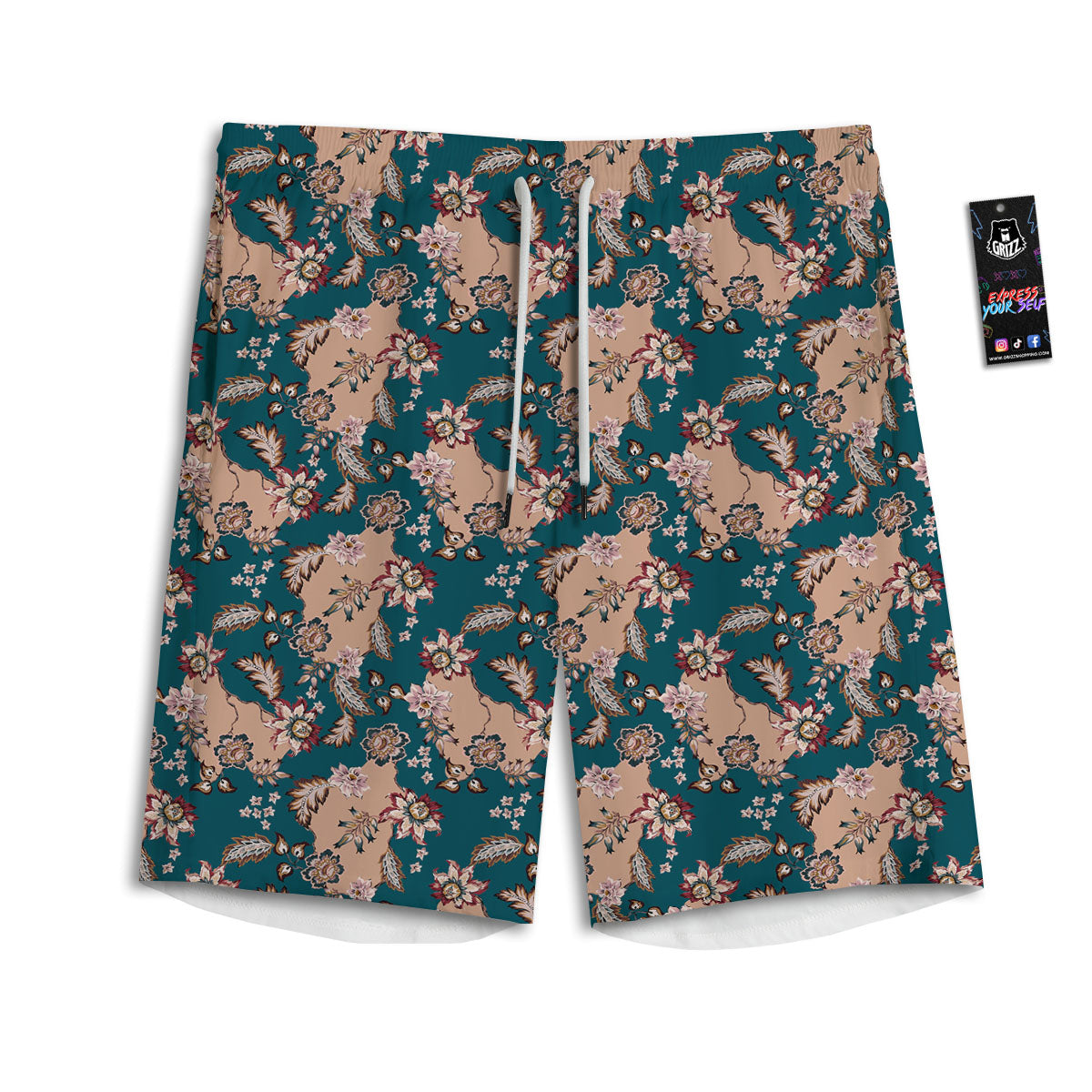 Damask Teal And Blue Print Pattern Men's Athletic Shorts