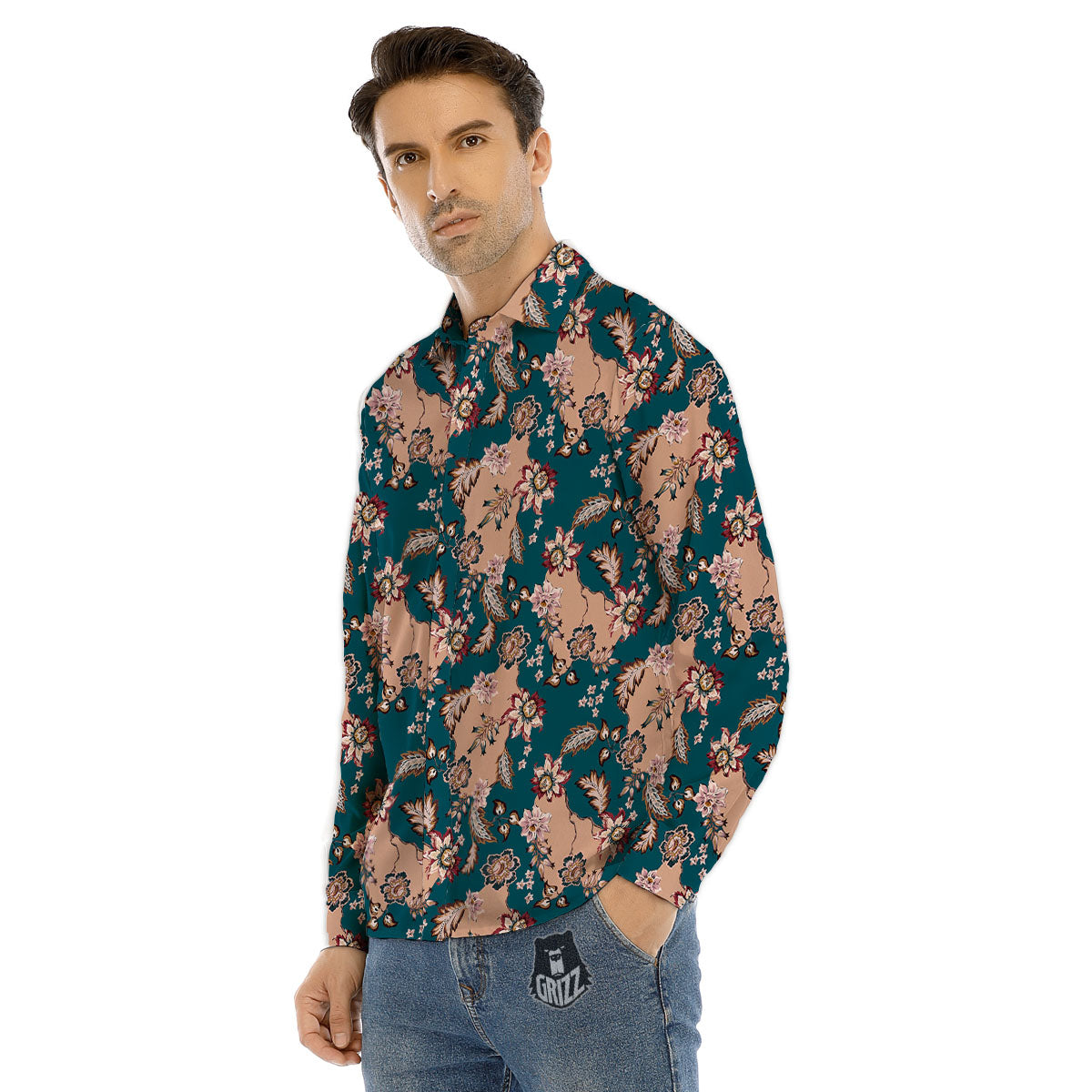 Damask Teal And Blue Print Pattern Men's Dress Shirts-grizzshop