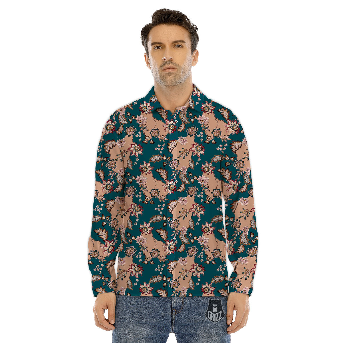 Damask Teal And Blue Print Pattern Men's Dress Shirts-grizzshop