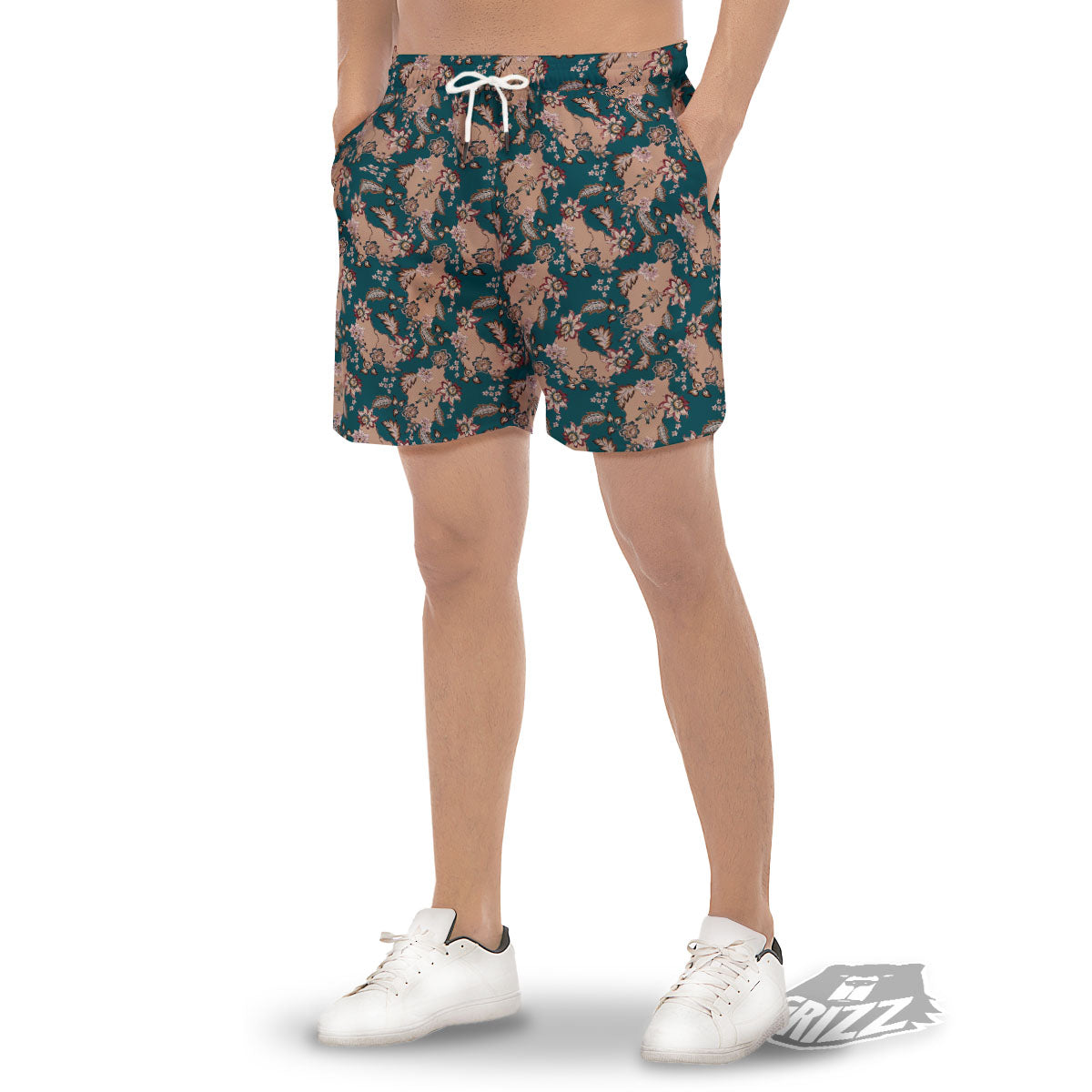 Damask Teal And Blue Print Pattern Men's Gym Shorts-grizzshop
