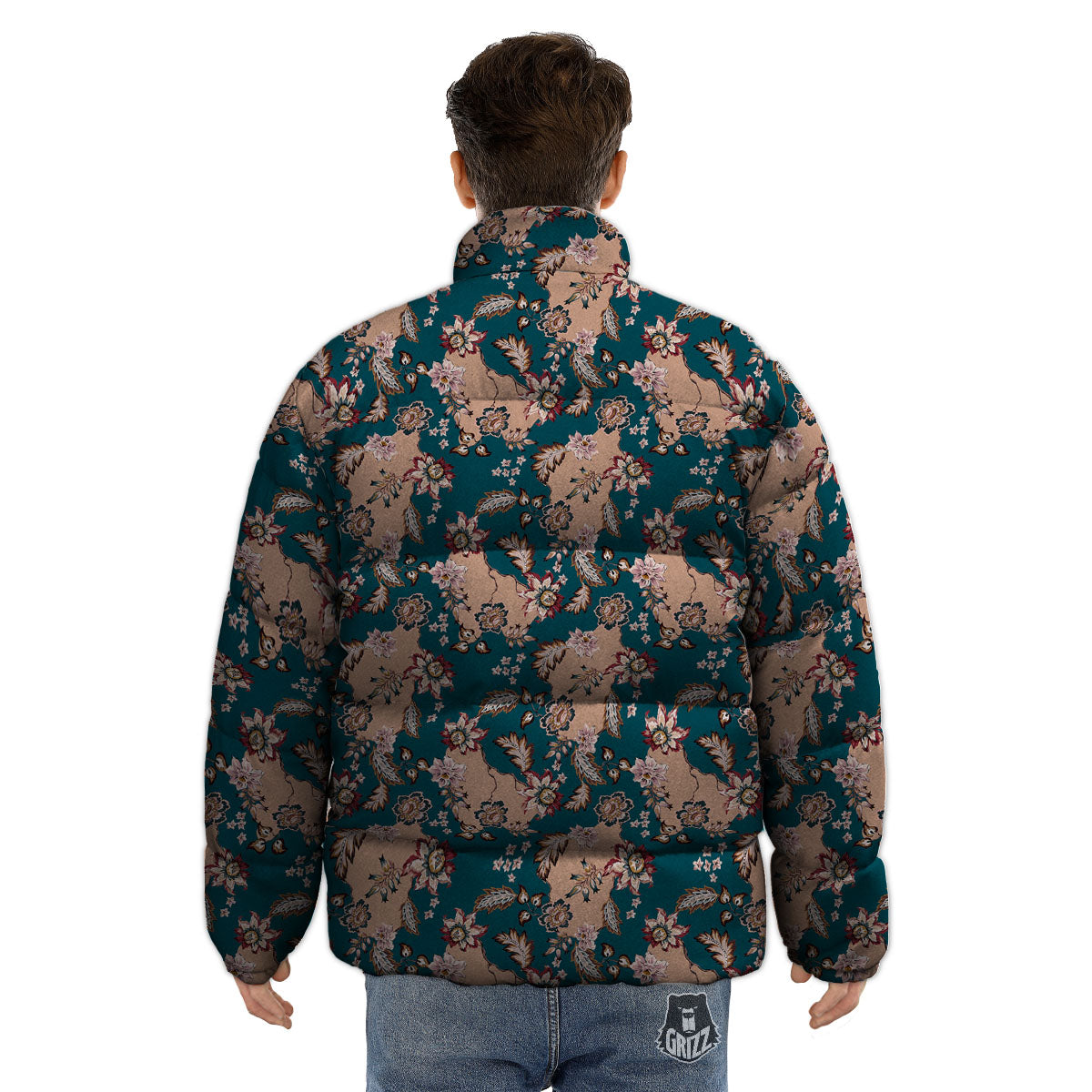 Damask Teal And Blue Print Pattern Puffer Jacket-grizzshop