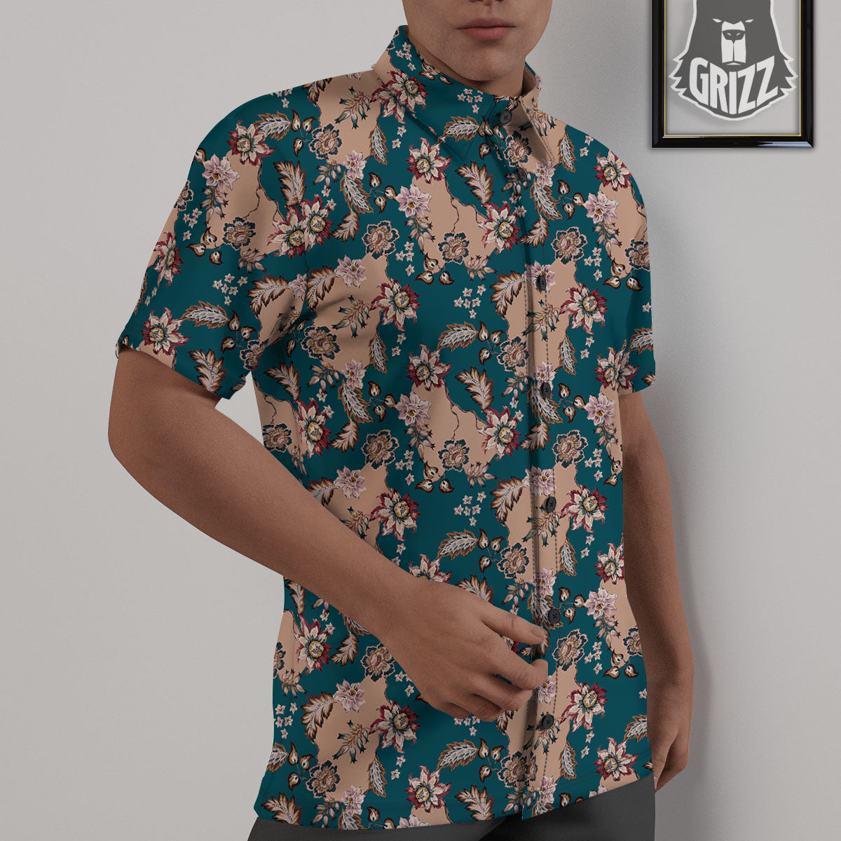 Damask Teal And Blue Print Pattern Untucked Shirts-grizzshop