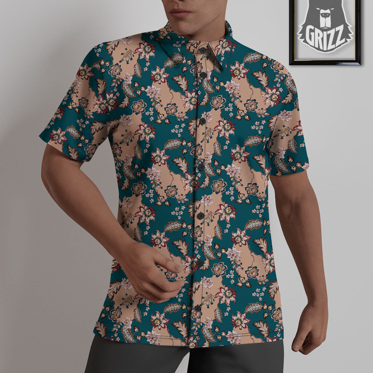 Damask Teal And Blue Print Pattern Untucked Shirts-grizzshop