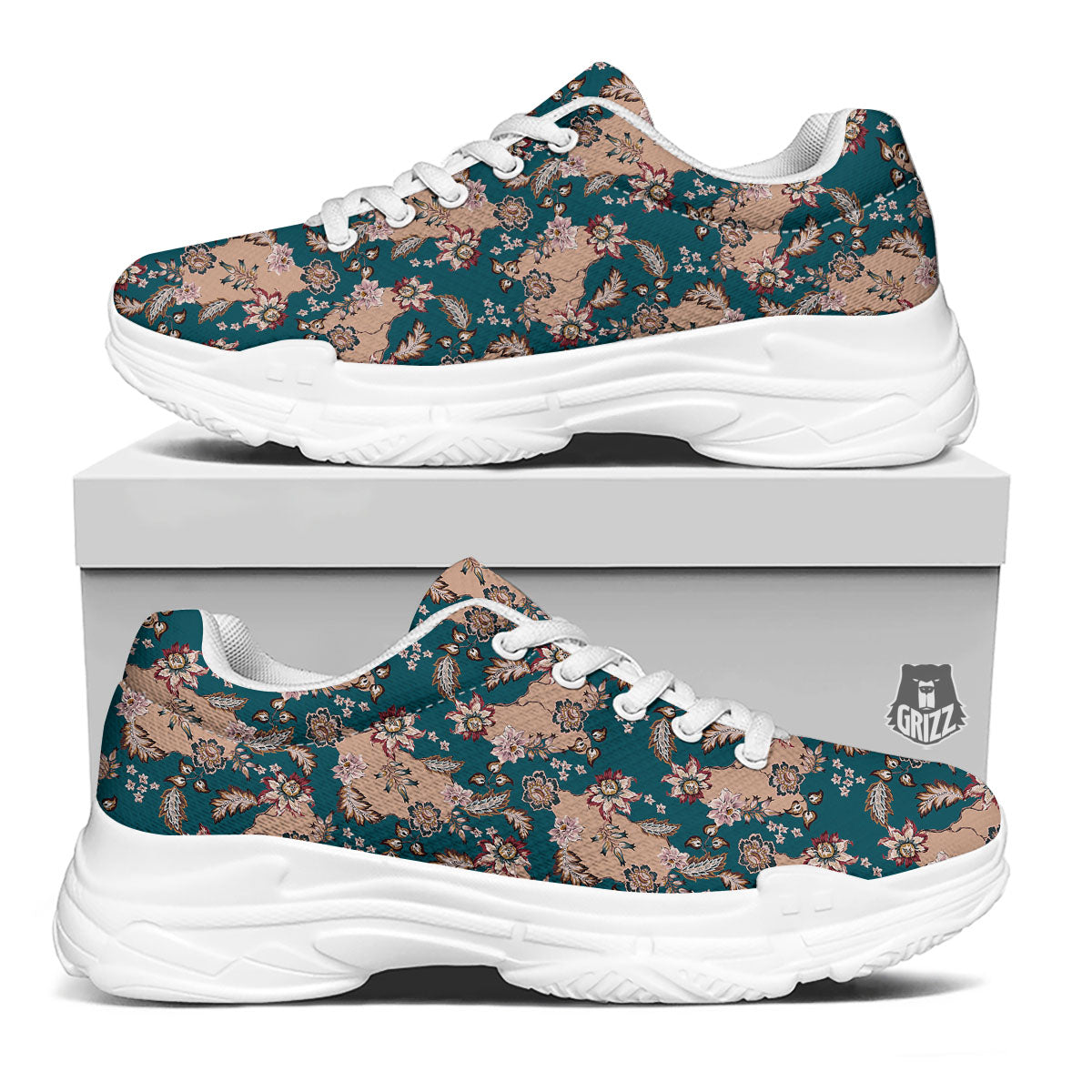 Damask Teal And Blue Print Pattern White Chunky Shoes-grizzshop