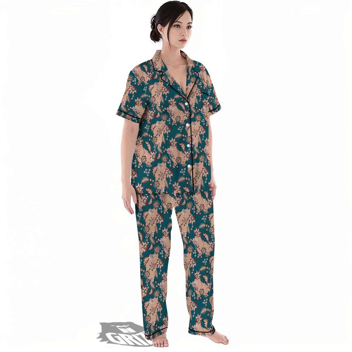 Damask Teal And Blue Print Pattern Women's Pajamas Set-grizzshop