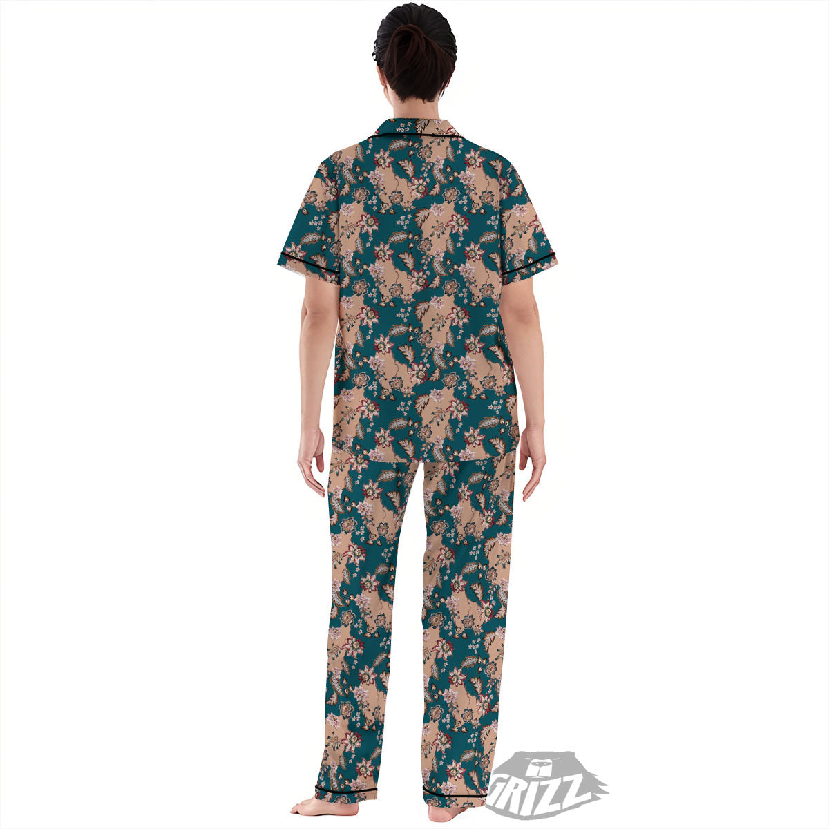 Damask Teal And Blue Print Pattern Women's Pajamas Set-grizzshop