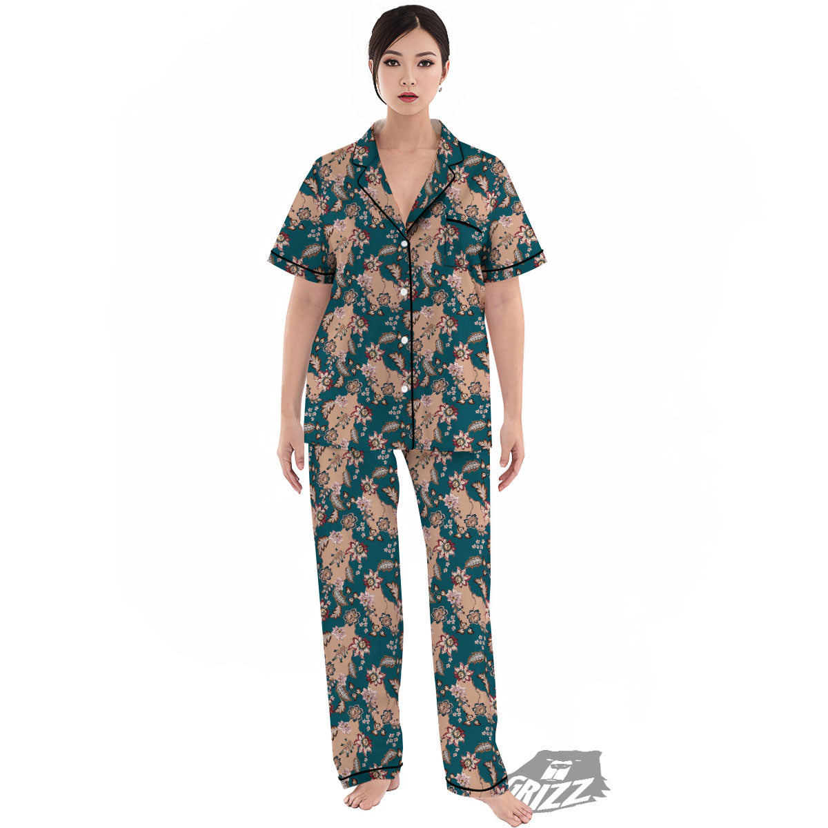 Damask Teal And Blue Print Pattern Women's Pajamas Set-grizzshop