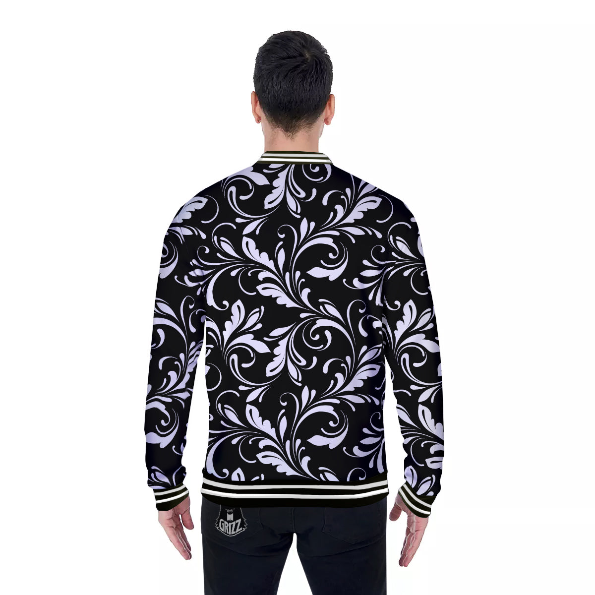 Damask White And Black Print Pattern Baseball Jacket-grizzshop