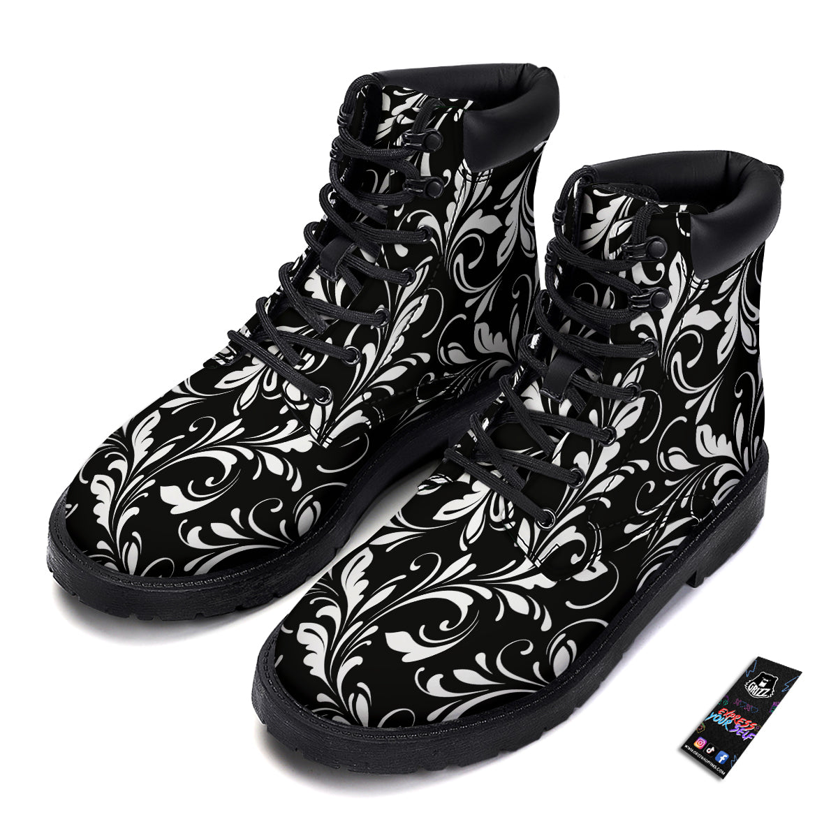 Damask White And Black Print Pattern Boots-grizzshop