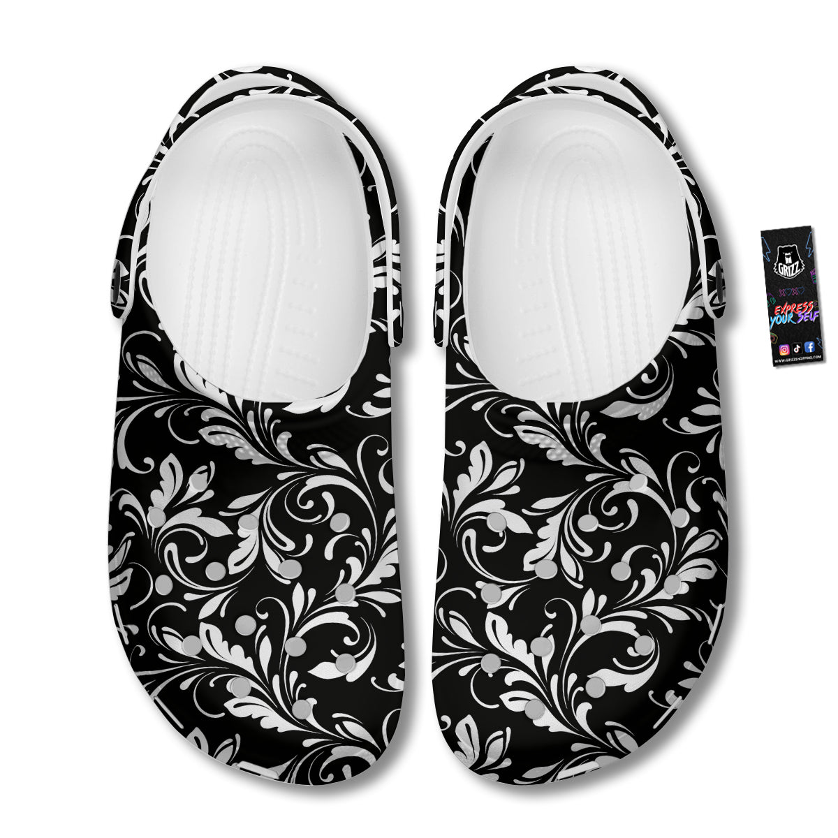 Damask White And Black Print Pattern Clog-grizzshop