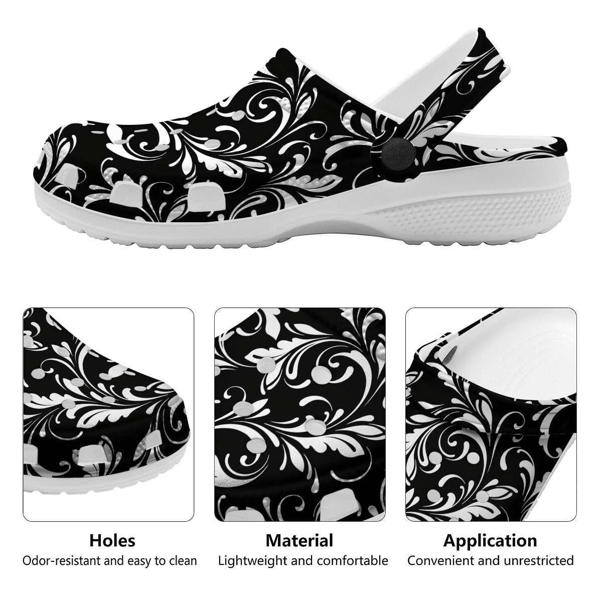Damask White And Black Print Pattern Clog-grizzshop
