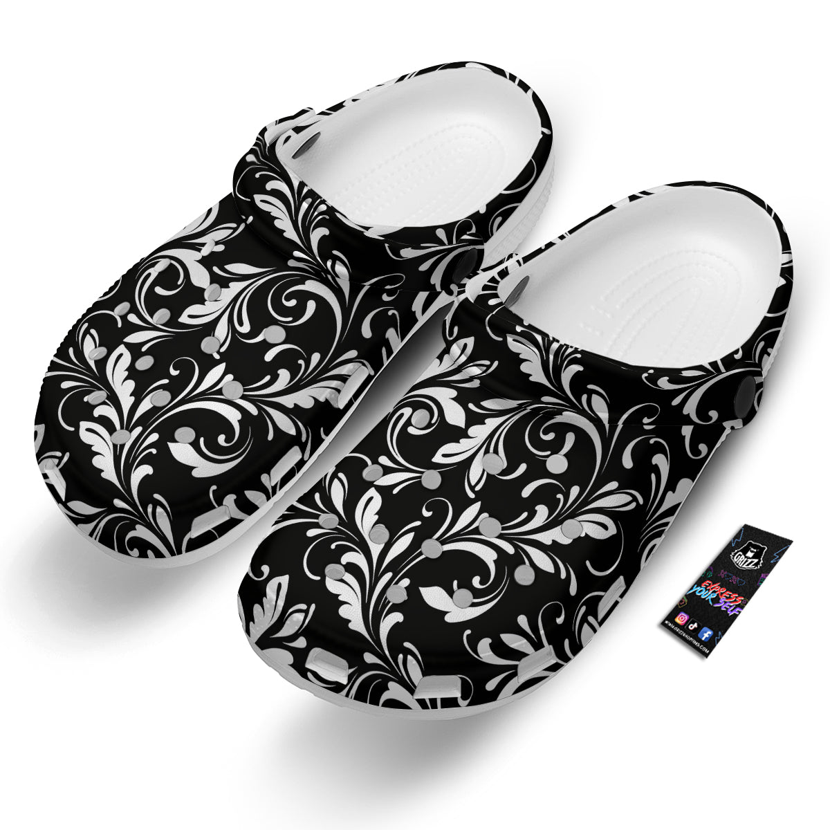 Damask White And Black Print Pattern Clog-grizzshop