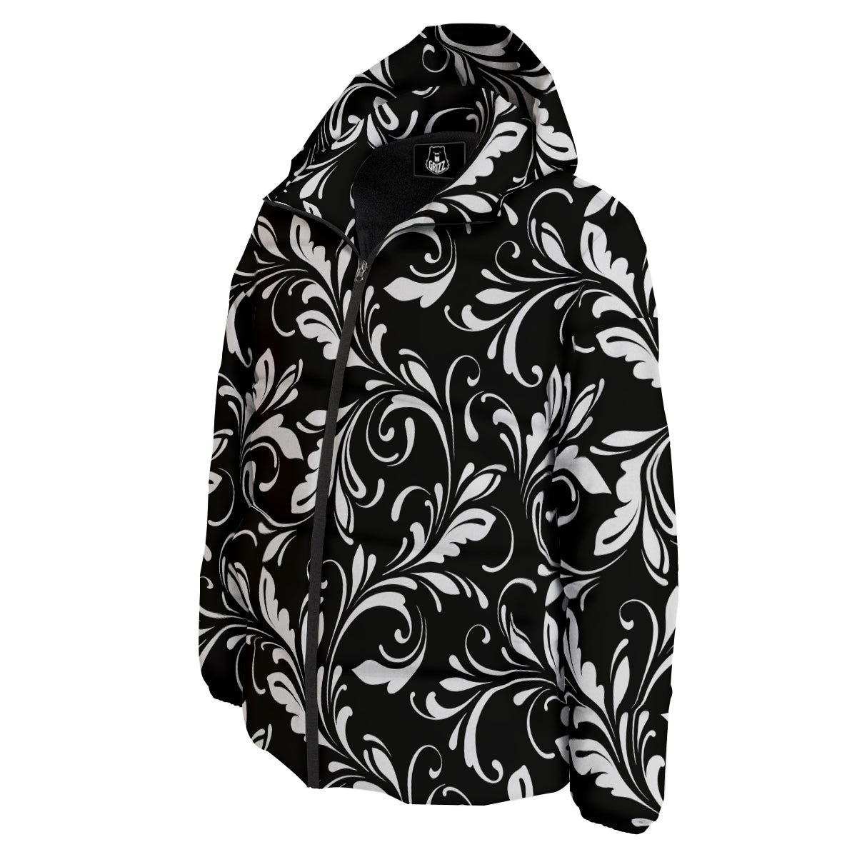 Damask White And Black Print Pattern Down Jacket-grizzshop