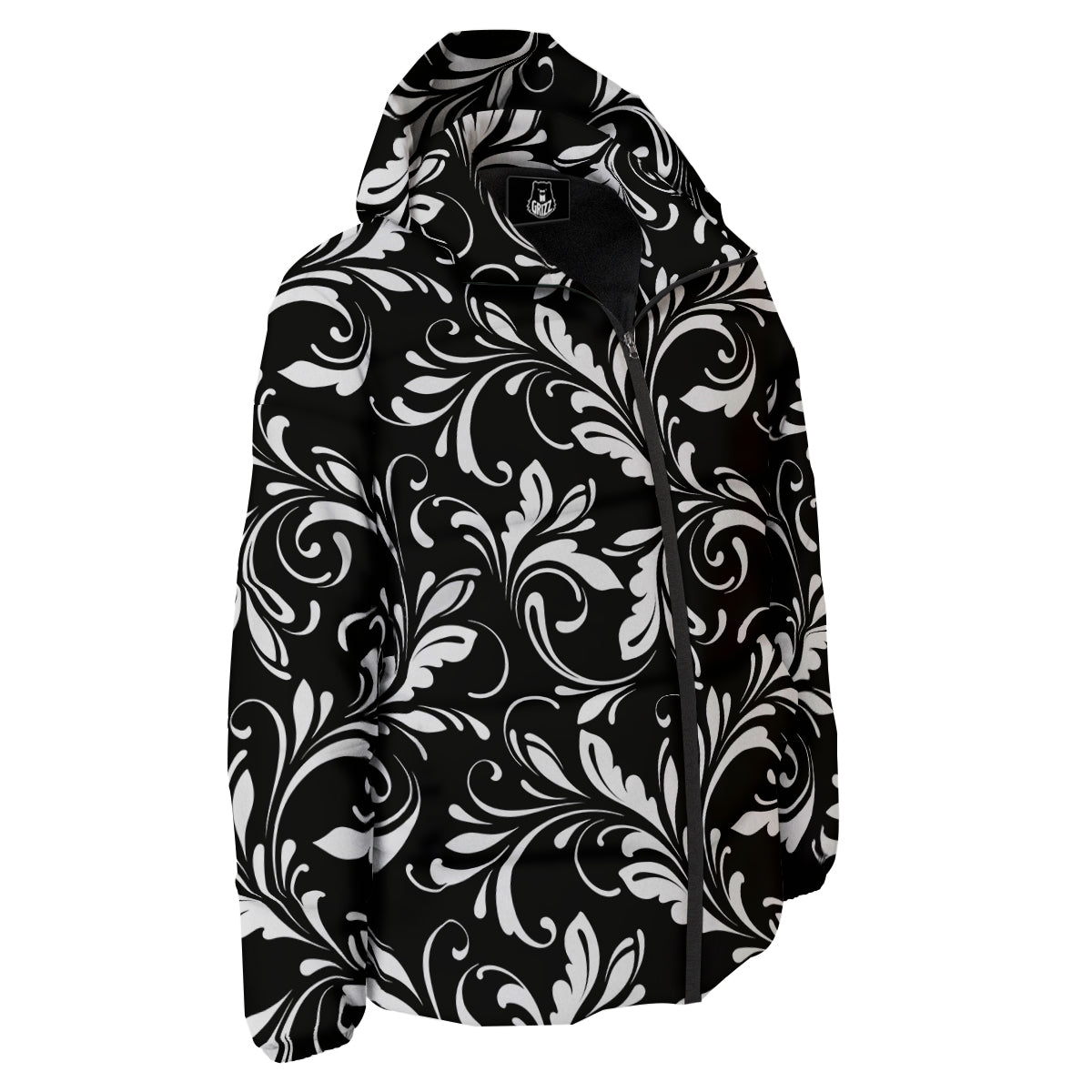 Damask White And Black Print Pattern Down Jacket-grizzshop