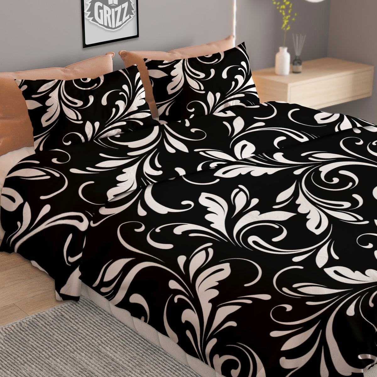 Damask White And Black Print Pattern Duvet Cover Bedding Set