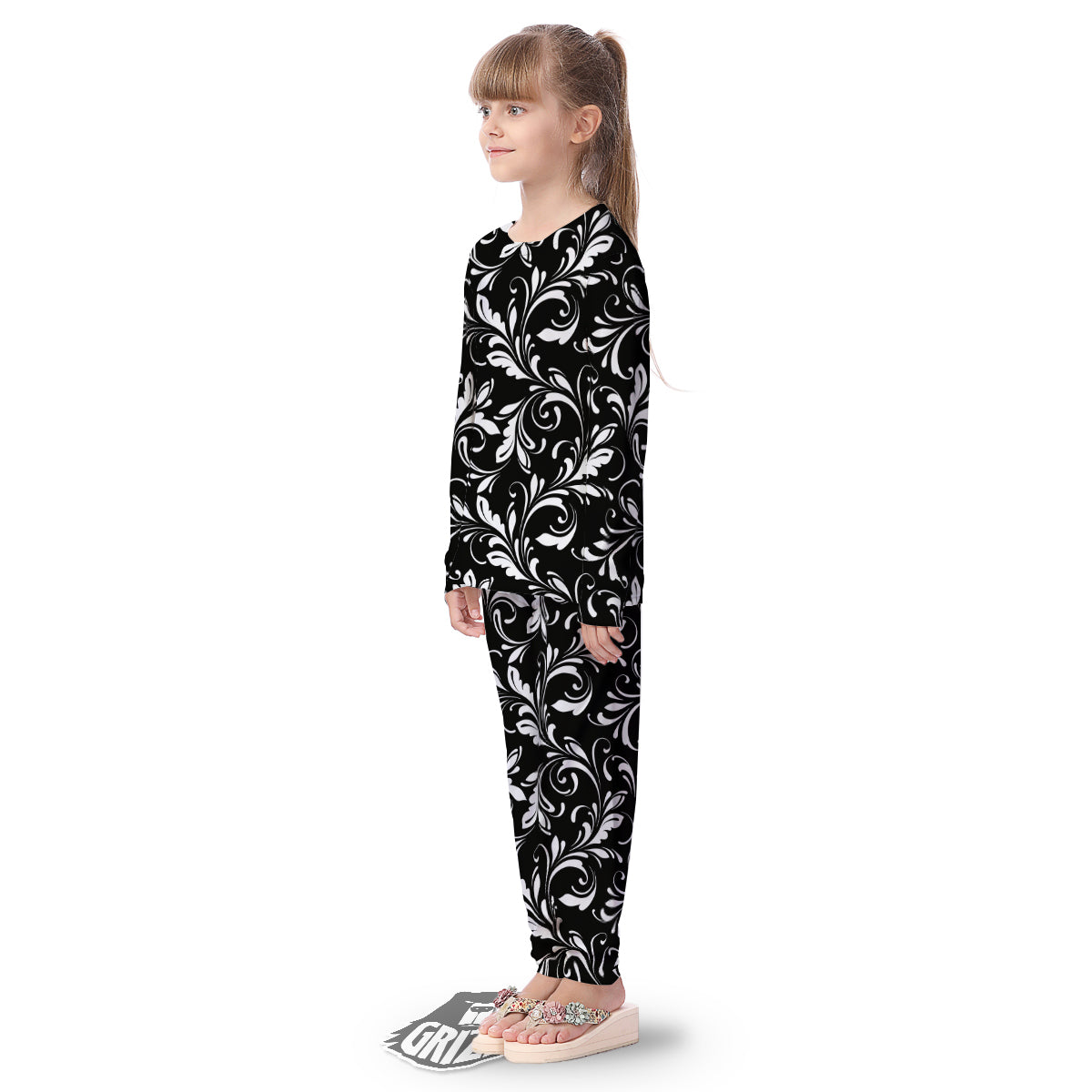 Damask White And Black Print Pattern Kid's Pajamas-grizzshop