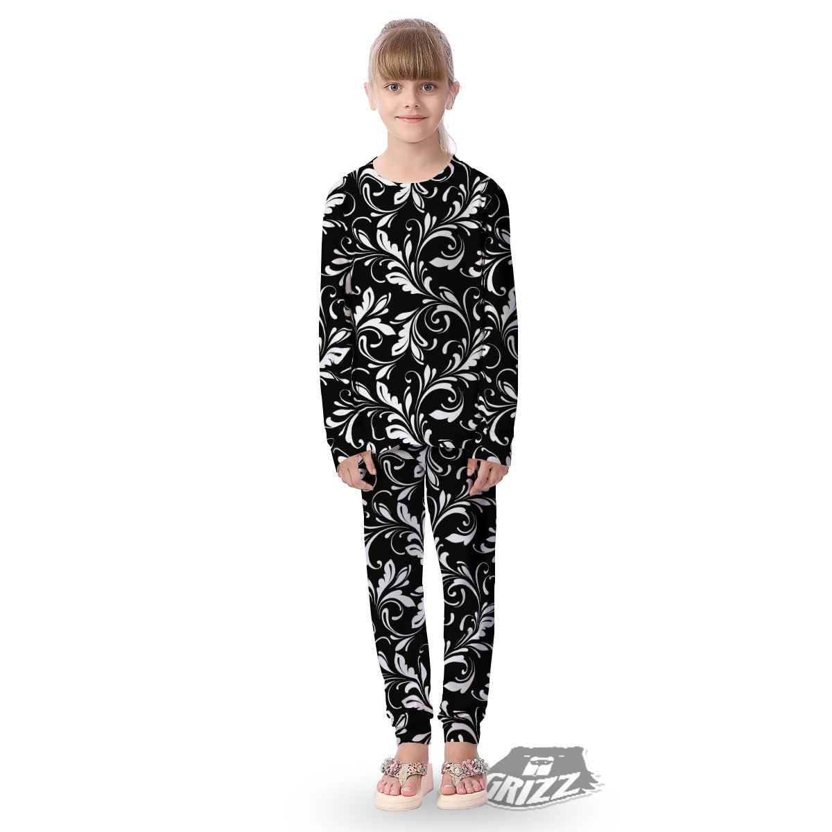 Damask White And Black Print Pattern Kid's Pajamas-grizzshop