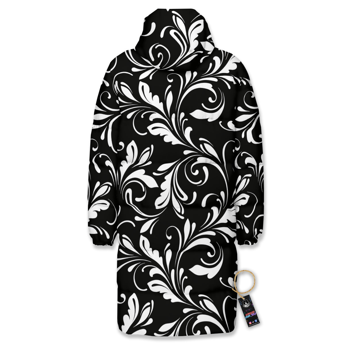 Damask White And Black Print Pattern Long Down Jacket-grizzshop