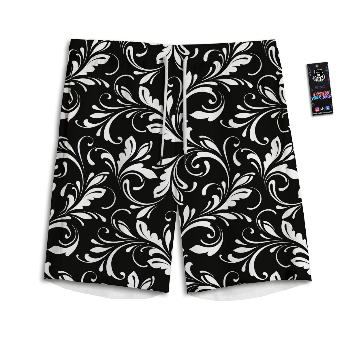 Damask White And Black Print Pattern Men's Athletic Shorts
