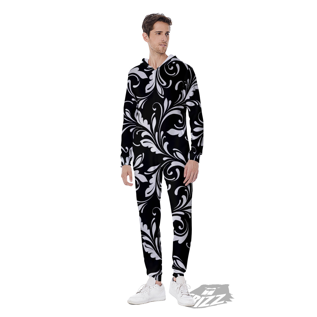 Damask White And Black Print Pattern Men's Jumpsuit-grizzshop