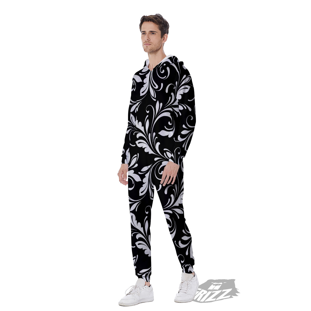 Damask White And Black Print Pattern Men's Jumpsuit-grizzshop