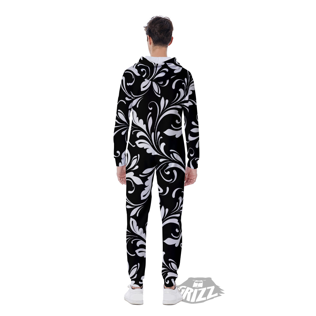 Damask White And Black Print Pattern Men's Jumpsuit-grizzshop