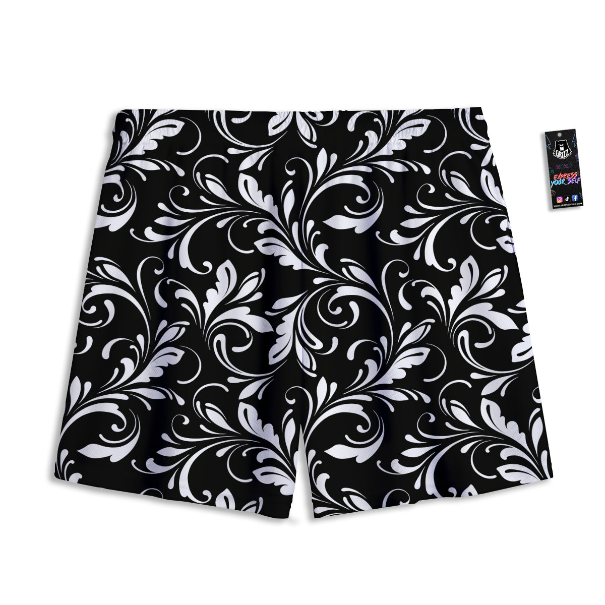 Damask White And Black Print Pattern Mesh Shorts