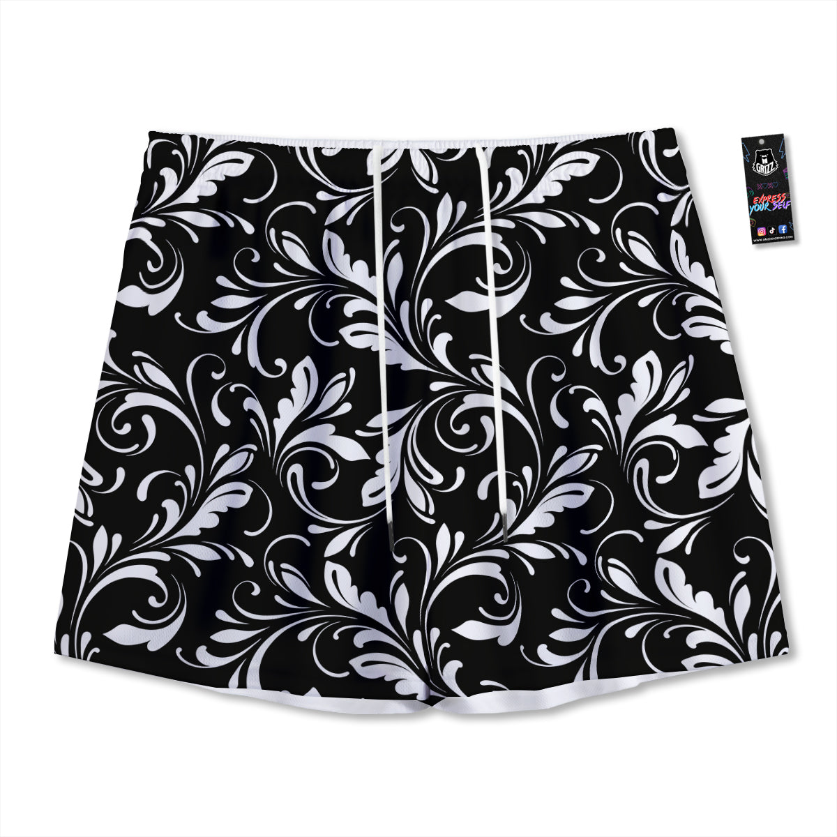 Damask White And Black Print Pattern Mesh Shorts