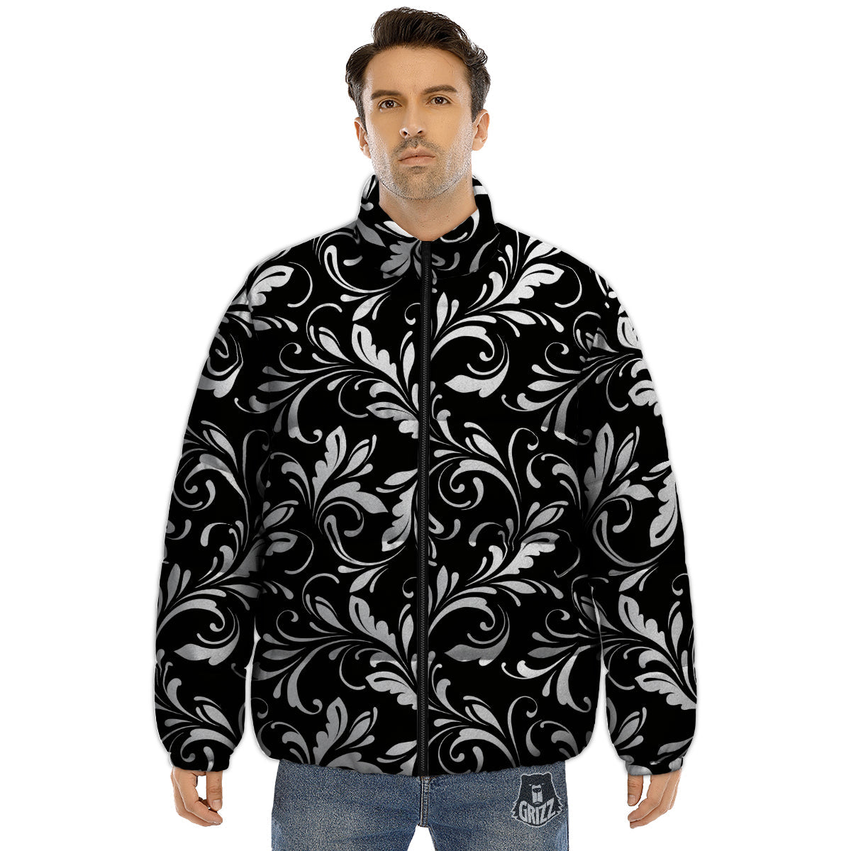 Damask White And Black Print Pattern Puffer Jacket-grizzshop