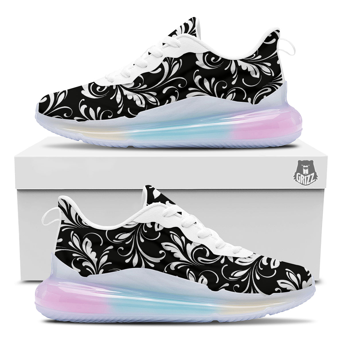 Damask White And Black Print Pattern Running Sneakers-grizzshop