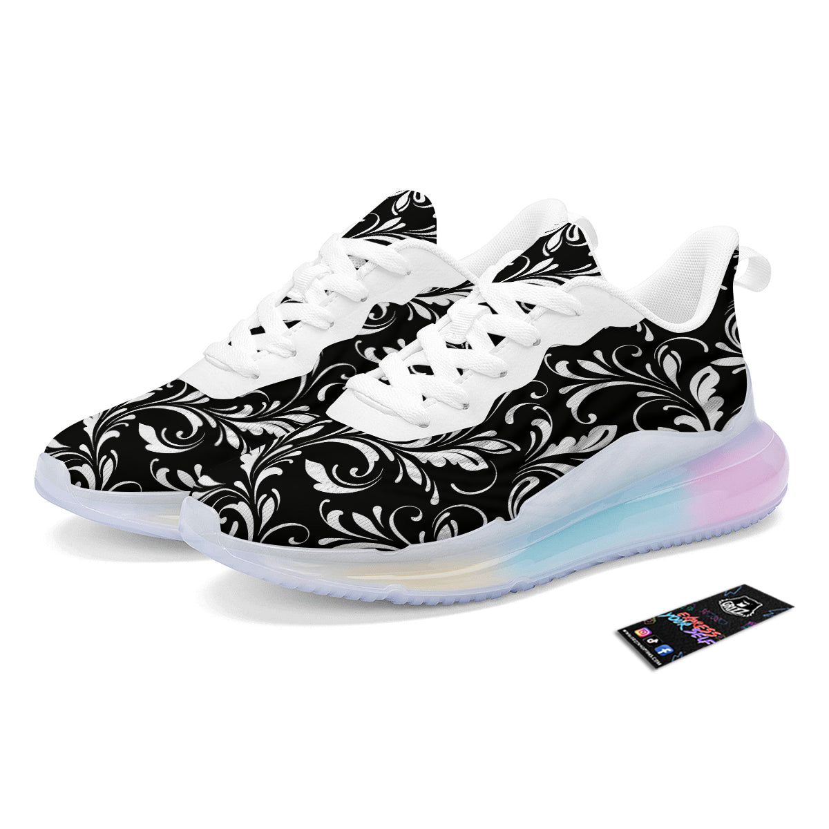 Damask White And Black Print Pattern Running Sneakers-grizzshop