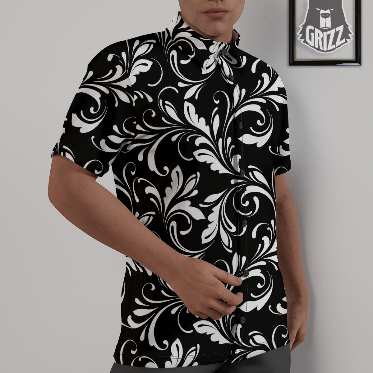 Damask White And Black Print Pattern Untucked Shirts-grizzshop