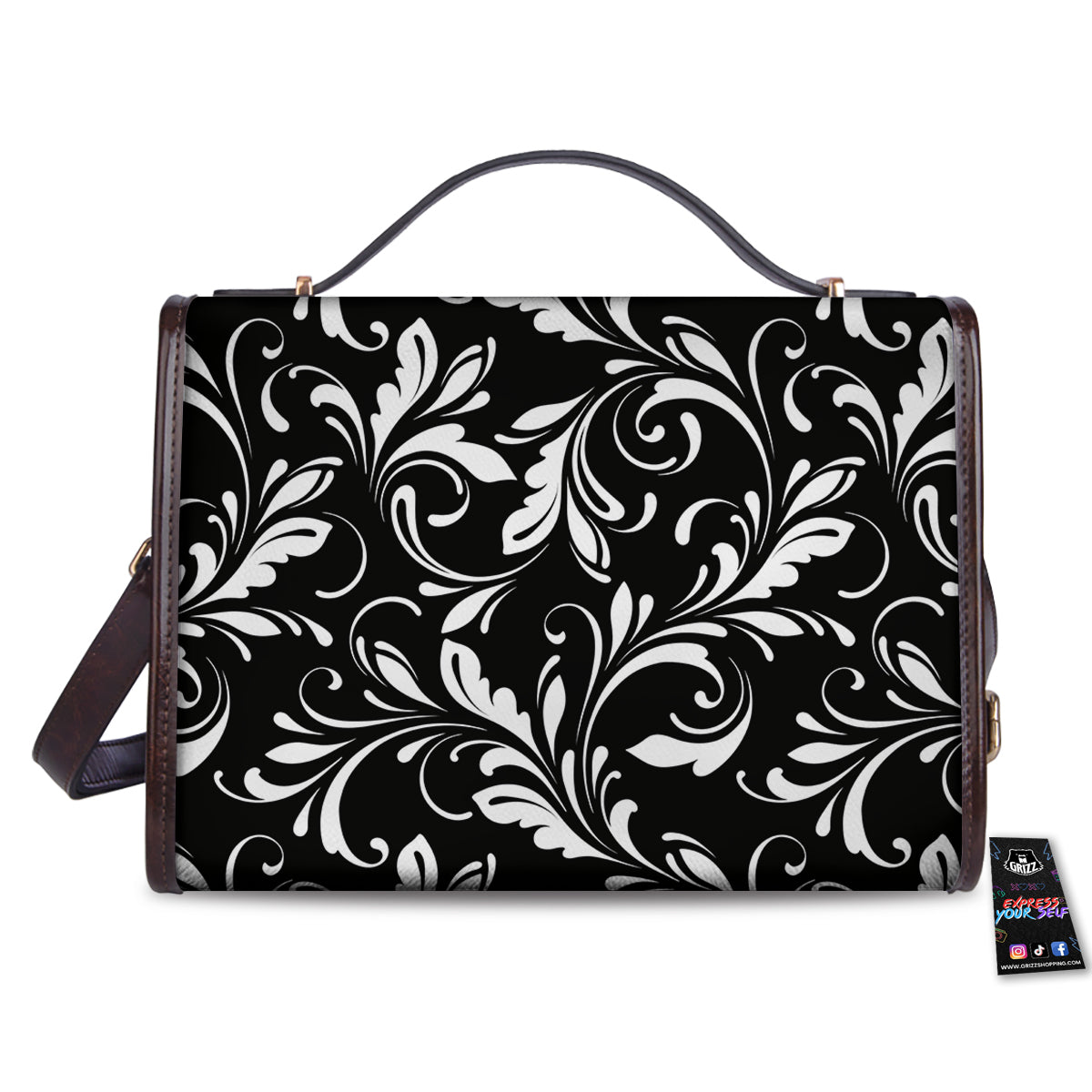 Damask White And Black Print Pattern Women's Satchel Bag-grizzshop