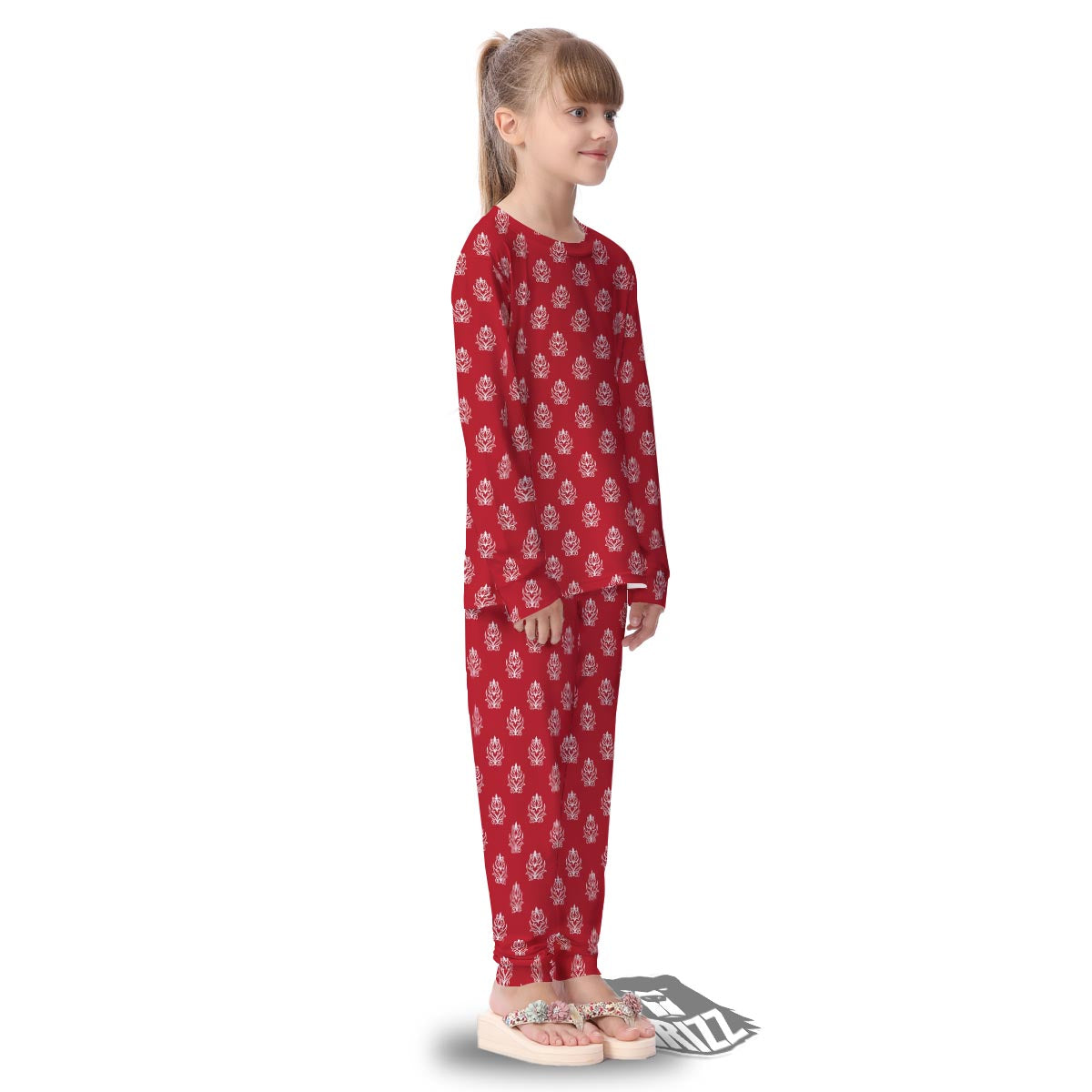Damask White And Red Print Pattern Kid's Pajamas-grizzshop