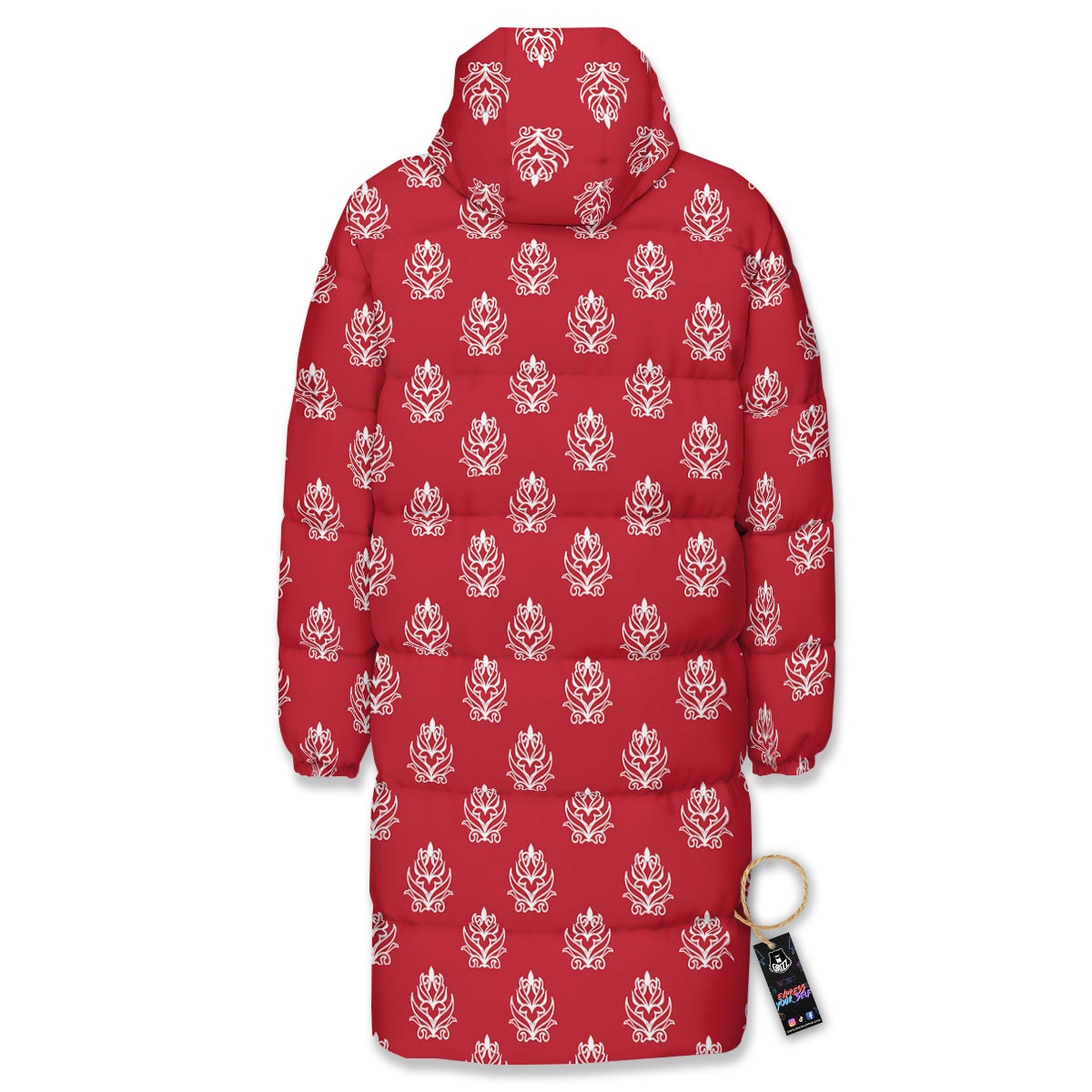 Damask White And Red Print Pattern Long Down Jacket-grizzshop