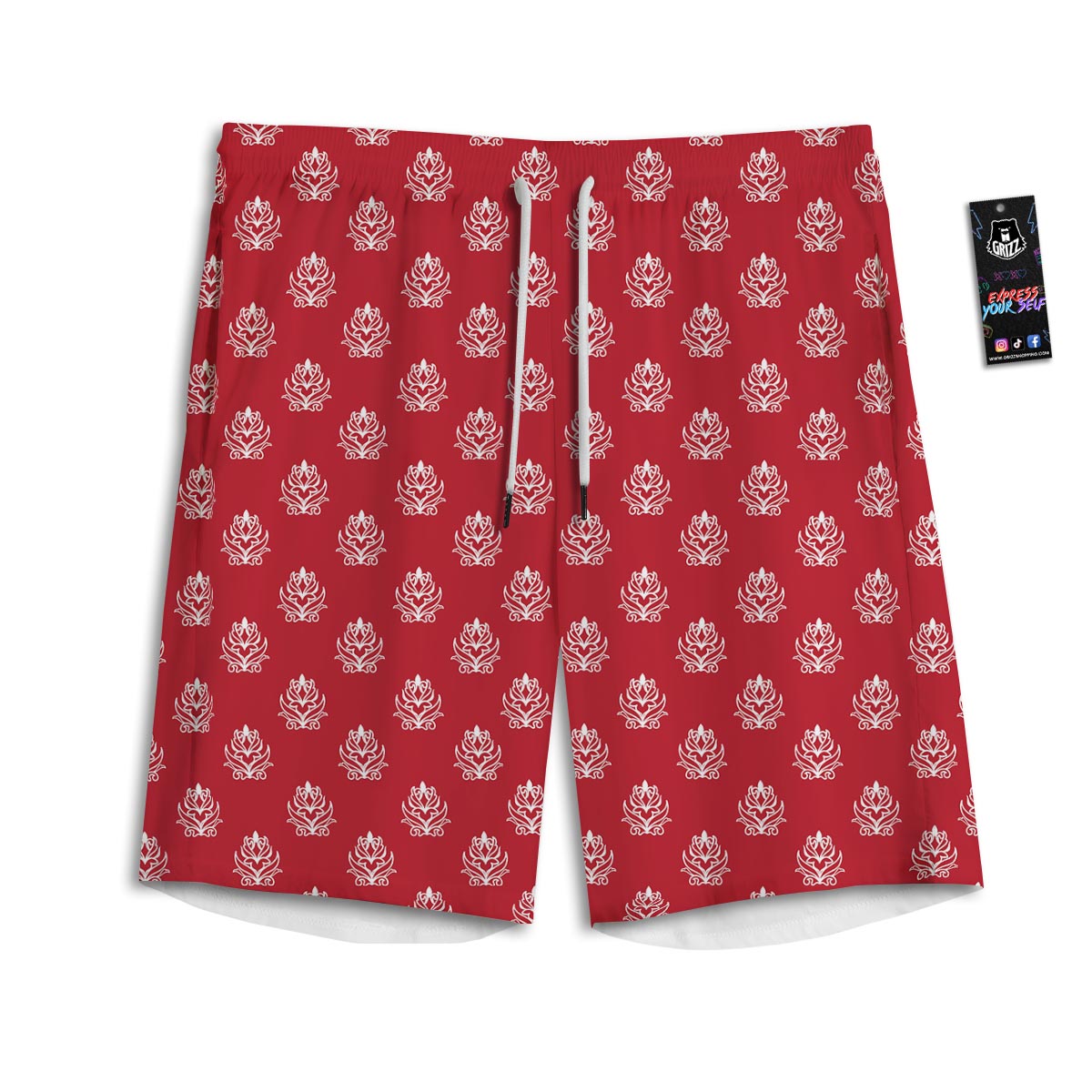 Damask White And Red Print Pattern Men's Athletic Shorts