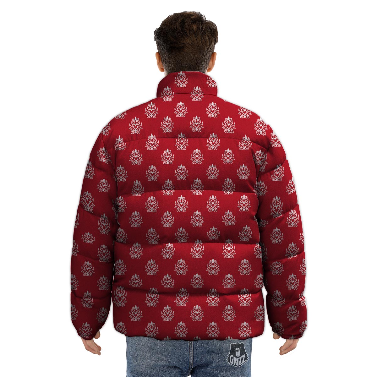 Damask White And Red Print Pattern Puffer Jacket-grizzshop