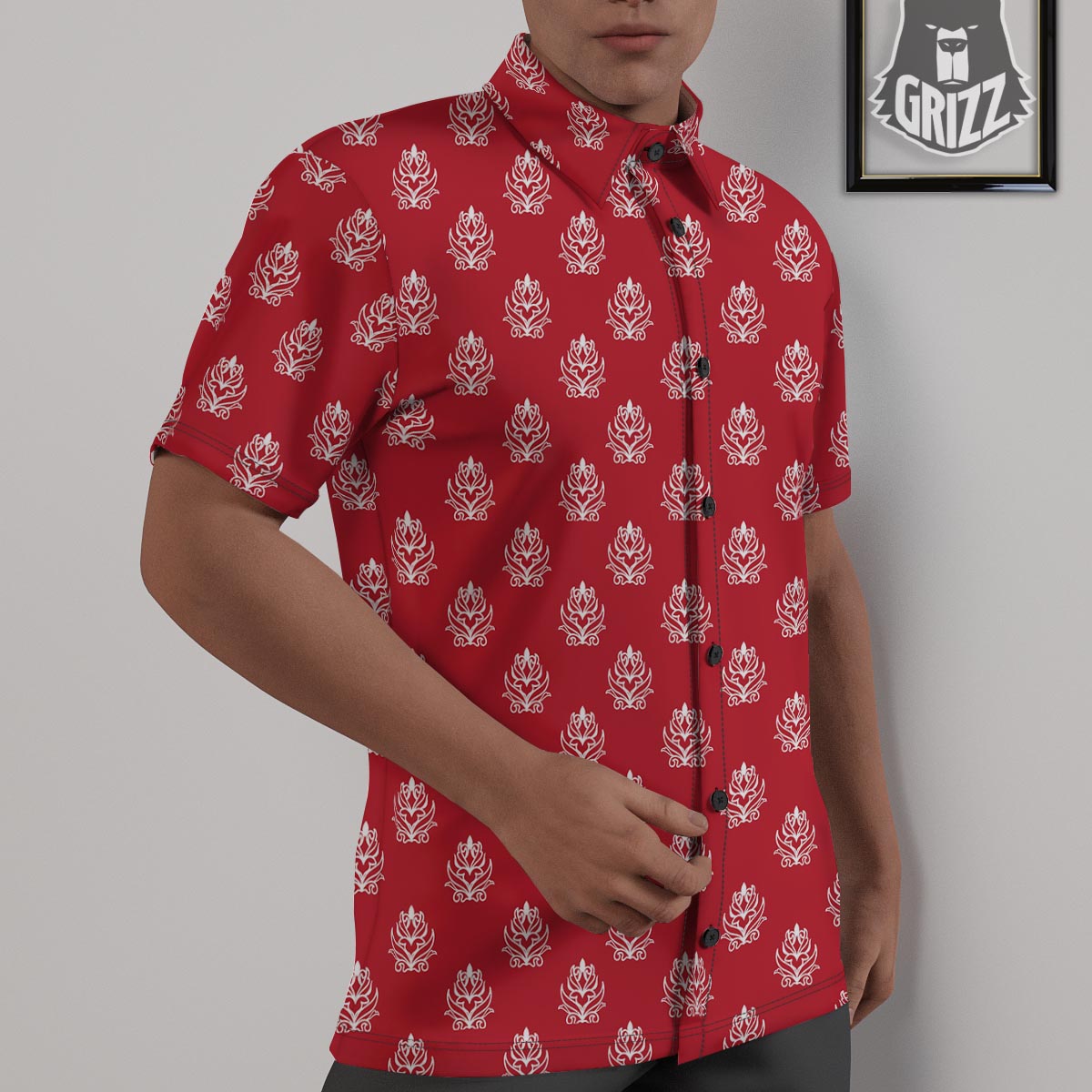 Damask White And Red Print Pattern Untucked Shirts-grizzshop