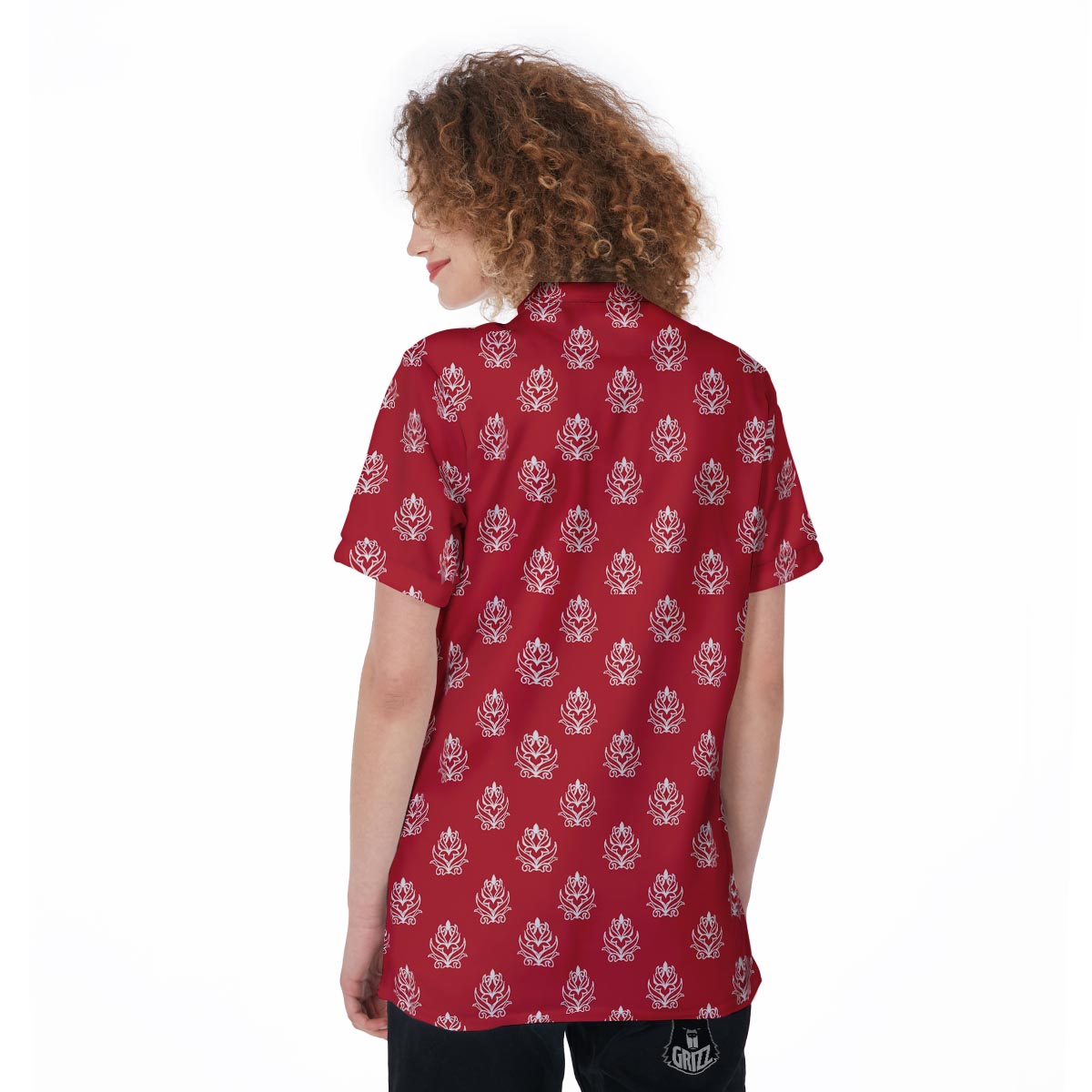 Damask White And Red Print Pattern Women's Golf Shirts-grizzshop